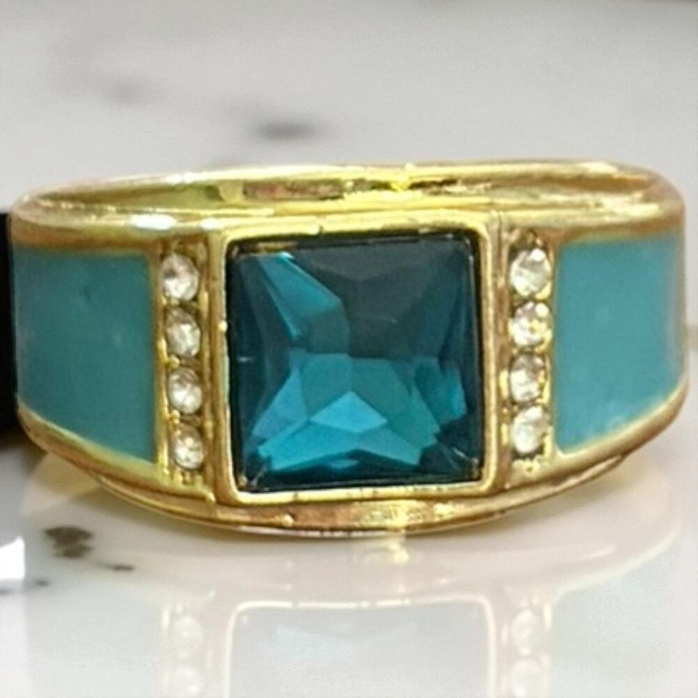 Teal blue and white crystal stones gold men's ring  New